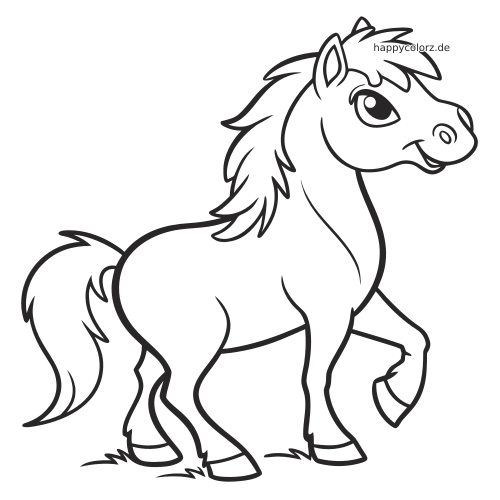 Ein Shetlandpony als einfache Schwarz-Weiß-Zeichnung mit buschiger Mähne und Schweif, im Trab mit angehobenem Vorderbein.