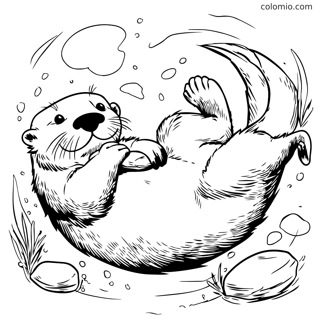 Ein süßer Otter, der auf dem Rücken im Wasser schwimmt, umgeben von Blasen und Steinen, bereit zum Ausmalen.