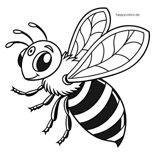 Eine Cartoon-Biene mit großen Augen, gestreiftem Körper, flauschigem Brustbereich und gemusterten Flügeln als einfache schwarze Umrisszeichnung.