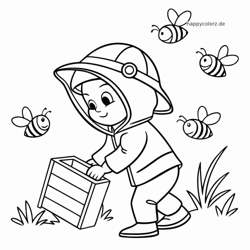 Ein kleines Kind in Imkerkleidung trägt eine Bienenkiste, während mehrere lächelnde Bienen um es herumfliegen.