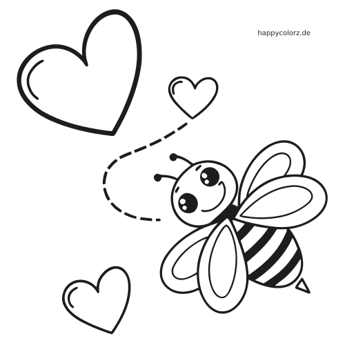 Schwarz-weißes Ausmalbild mit einer lächelnden Biene, gestrichelter Fluglinie und mehreren Herzen im Valentinstag-Motiv.