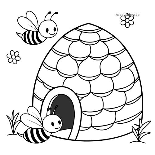 Ein runder Bienenstock mit schuppenartigem Muster, zwei lächelnden Bienen, kleinen Blumen und Gras im einfachen Umrissstil.