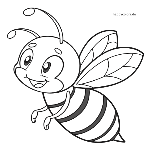 Eine fröhliche Cartoon-Biene fliegt mit großem Lächeln, großen Augen, gestreiftem Körper und breiten Flügeln.