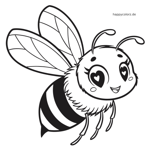 Eine Biene im Chibi-Stil mit herzförmigen Augen, rundem Körper, flauschigem Kragen und großen Flügeln in einer einfachen Comic-Pose.