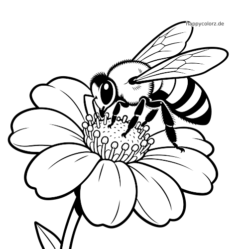 Eine detailreiche schwarz-weiße Biene mit gestreiftem Hinterleib sitzt nah an einer großen Blüte und sammelt Pollen.