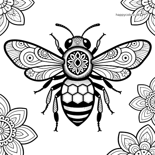 Schwarz-weiße, detailreiche Biene im Zentangle-Stil mit gemusterten Flügeln, floralen Motiven und Mandalablüten in den Ecken.