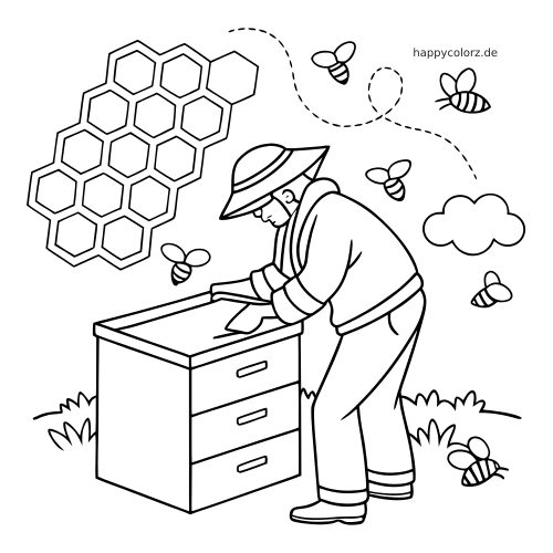 Ein Imker in Schutzkleidung arbeitet an einem Bienenstock, umgeben von fliegenden Bienen und einer großen Bienenwabe.