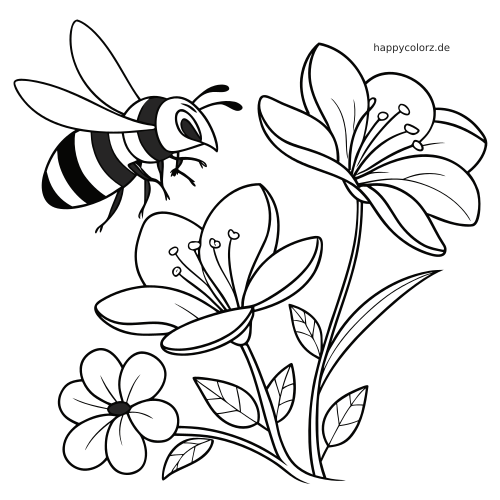 Eine einfache Biene im Comicstil fliegt neben mehreren blühenden Blumen in einer klaren schwarz-weißen Gartenszene.