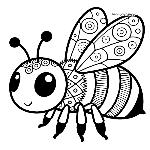 Eine einfache Zentangle-Biene mit großen Augen, gemusterten Flügeln und gestreiftem Körper als schwarze Umrisszeichnung.