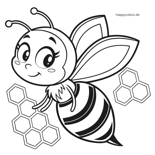 Eine freundliche Cartoon-Biene mit großen Augen und flauschigem Kragen fliegt neben mehreren Waben in klaren schwarzen Umrissen.