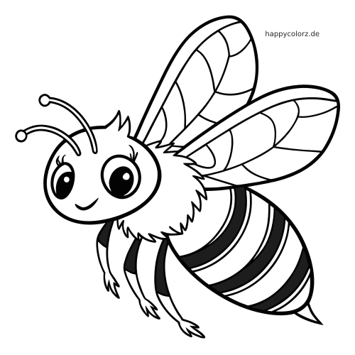 Eine Cartoon-Hummel mit großen Augen, gestreiftem Körper, flauschigem Brustbereich und gemusterten Flügeln als einfache Linienzeichnung.
