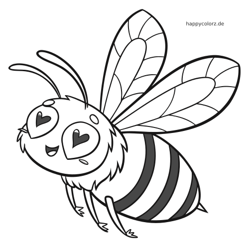 Eine Kawaii-Biene mit herzförmigen Augen, flauschigem Körper und großen gemusterten Flügeln in einer verspielten Flugpose.