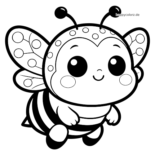 Eine Kawaii-Biene mit großen runden Augen, lächelndem Gesicht, gepunkteten Flügeln und einfachen schwarzen Umrissen.