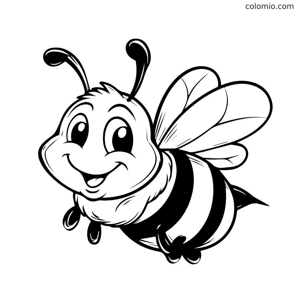 Eine fröhliche Cartoon-Biene mit großen Augen und einem lächelnden Gesicht, bereit zum Ausmalen.