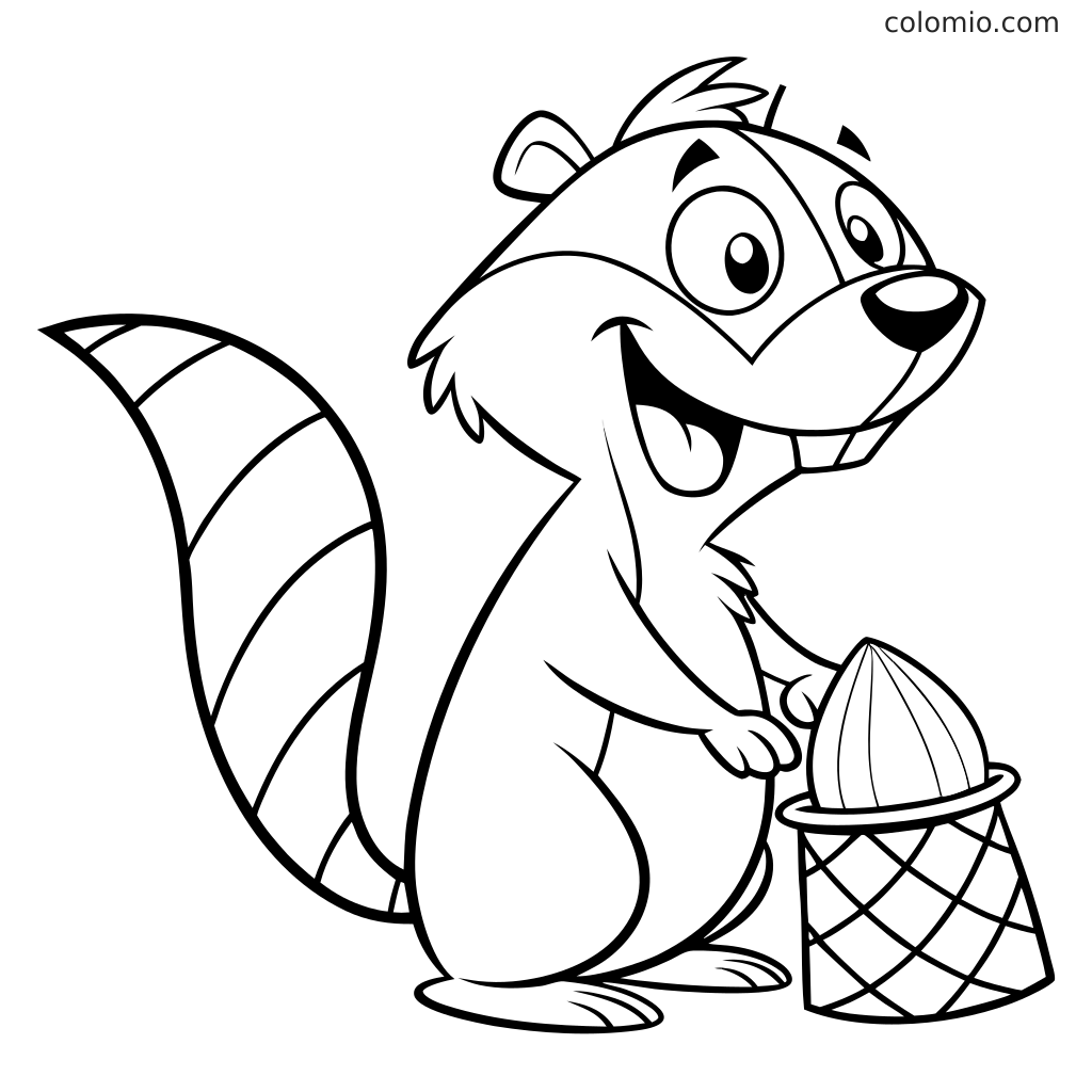 Ein Cartoon-Eichhörnchen steht aufrecht mit gestreiftem Schwanz neben einem Korb mit einer großen Eichel auf einer Malseite.