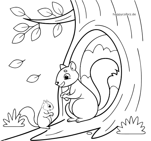Ein großes und ein kleines Eichhörnchen sitzen vor einer Baumhöhle am Stamm, mit Blättern und Gras ringsherum.