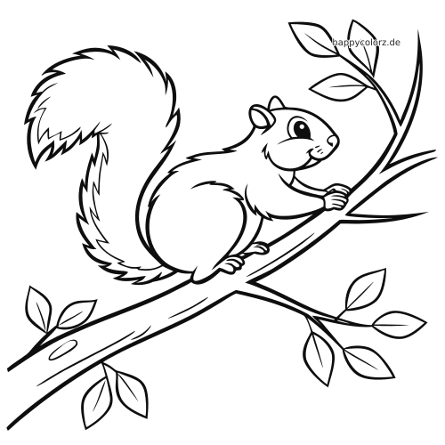 Ein gezeichnetes Eichhörnchen mit buschigem Schwanz sitzt auf einem Ast, umgeben von kleinen Zweigen und Blättern.