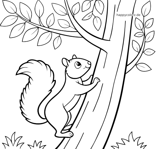Ein Eichhörnchen mit buschigem Schwanz klettert an einem Baumstamm nach oben, umgeben von Ästen und Blättern.