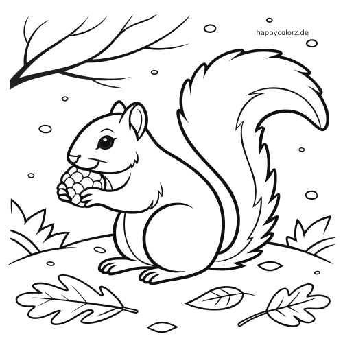 Ein einfach gezeichnetes Eichhörnchen sitzt auf dem Boden und hält einen Tannenzapfen, umgeben von Ästen und Blättern.