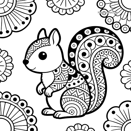 Ein Eichhörnchen im einfachen Zentangle-Stil mit gemustertem Körper und großem buschigem Schwanz, umgeben von Blumenmustern.