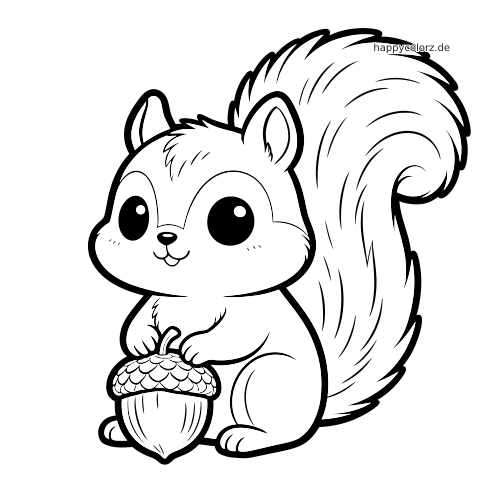 Ein kawaii Eichhörnchen mit großen Augen und buschigem Schwanz sitzt da und hält eine große Eichel im einfachen Comicstil.