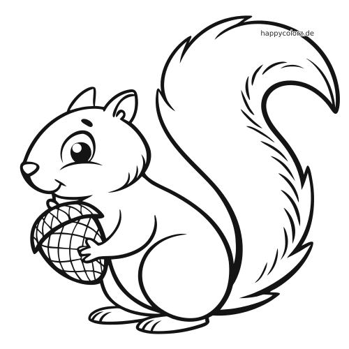 Ein Kawaii-Eichhörnchen mit großem buschigem Schwanz hält eine Eichel in einer einfachen schwarz-weißen Cartoon-Umrisszeichnung.