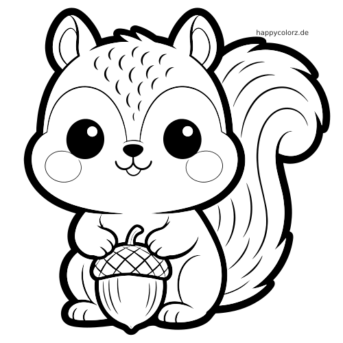 Ein Kawaii-Eichhörnchen mit großen Augen und buschigem Schwanz sitzt da und hält eine große Eichel in den Pfoten.
