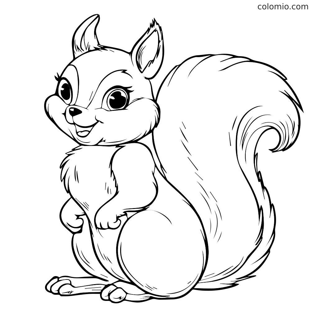 Ein fröhliches Cartoon-Eichhörnchen mit großen Augen und einem flauschigen Schwanz, perfekt zum Ausmalen.