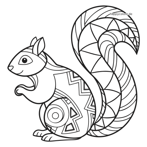 Schwarz-weißes Zentangle-Eichhörnchen in Seitenansicht mit großem gemustertem Schwanz und geometrischen Details am Körper.