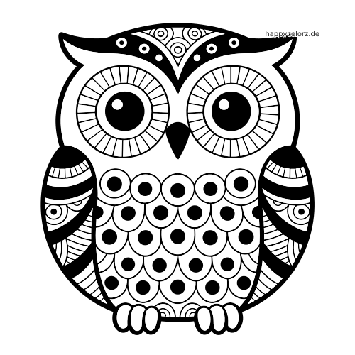 Schwarz-weiße Eule im einfachen Zentangle-Stil mit großen runden Augen, gestreiften Flügeln und gemusterten Federn.