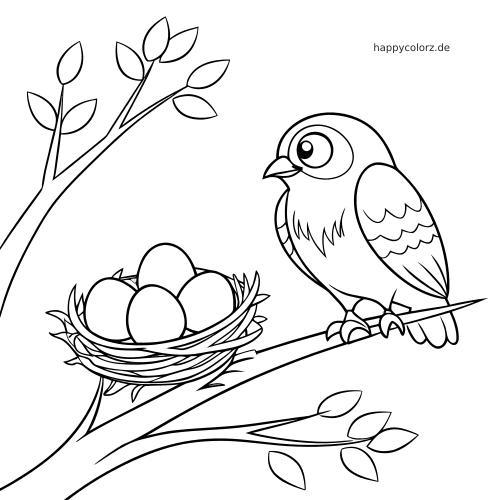 Eine Eule sitzt auf einem Ast neben einem Nest mit mehreren Eiern, dargestellt als einfache schwarz-weiße Umrisszeichnung.