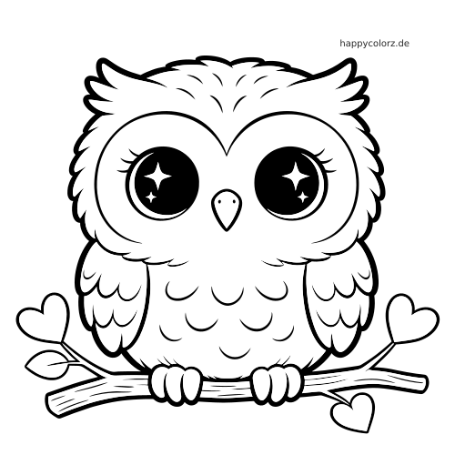 Eine Kawaii-Eule mit großen funkelnden Augen sitzt auf einem Ast mit herzförmigen Blättern als einfache Schwarz-Weiß-Zeichnung.