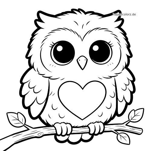 Eine kawaii Eule mit sehr großen Augen und herzförmigem Brustfleck sitzt als einfaches Linienbild auf einem Ast mit Blättern.