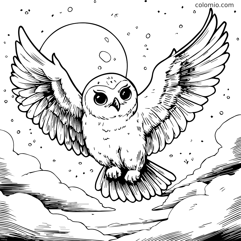 Eine detaillierte Ausmalseite einer Eule im Flug mit weit ausgebreiteten Flügeln unter einem vollen Mond und Wolken.