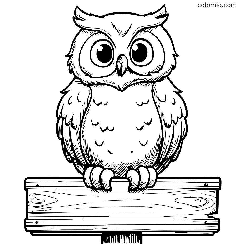 Eine Cartoon-Eule mit großen Augen sitzt auf einem Holzschild, bereit zum Ausmalen.