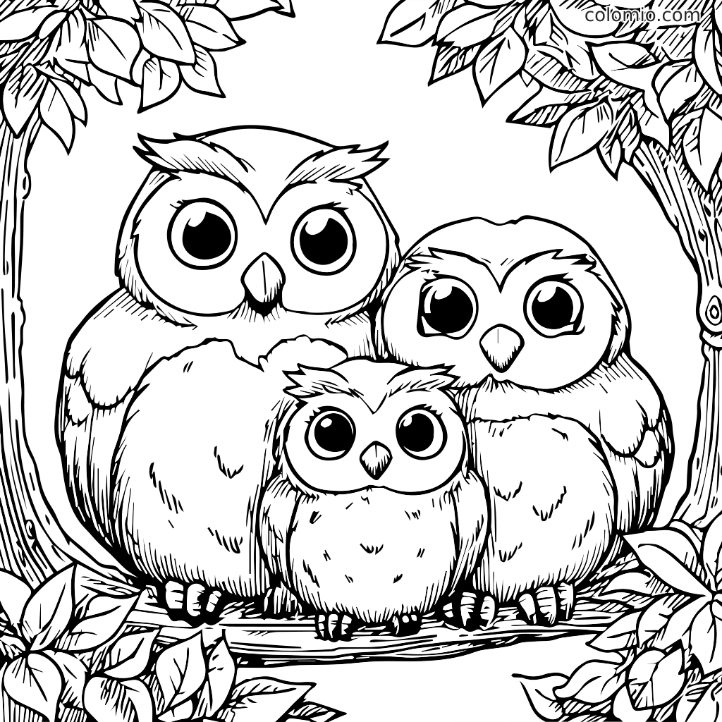 Eine schwarz-weiße Ausmalseite mit einer Familie von drei Eulen, die auf einem Ast sitzen, umgeben von Blättern.