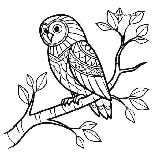 Eine Eule im Zentangle-Stil mit gemusterten Federn sitzt auf einem Baumast mit Blättern, als klare Schwarz-Weiß-Kontur.