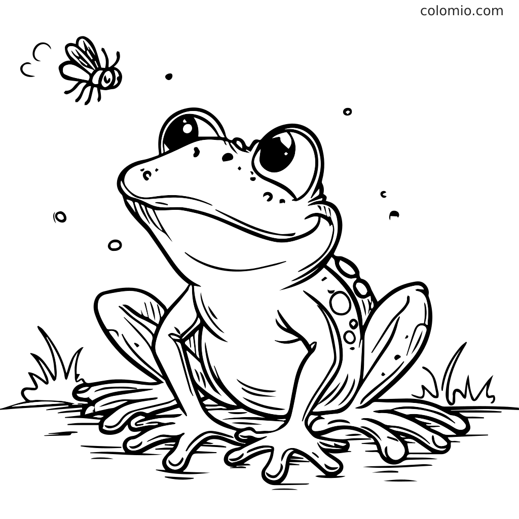 Ein süßer Frosch sitzt im Gras und schaut auf eine summende Biene, bereit zum Ausmalen.