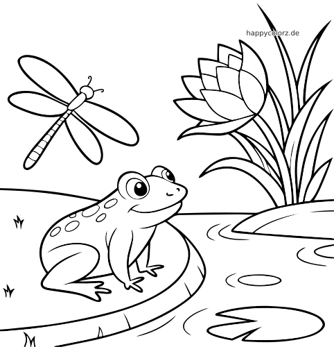 Ein Frosch sitzt auf einem Seerosenblatt am Teich, daneben sind Schilf, eine Blüte und eine fliegende Libelle zu sehen.
