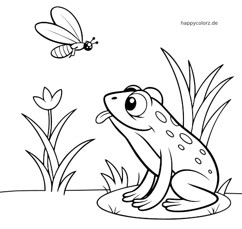 Ein einfacher gezeichneter Frosch sitzt im Garten zwischen Gras und einer Blume und streckt die Zunge nach einer fliegenden Fliege aus.