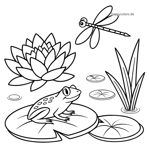 Einfache Linienzeichnung eines Froschs auf einem Seerosenblatt im Teich mit Libelle, Seerose und Schilf.