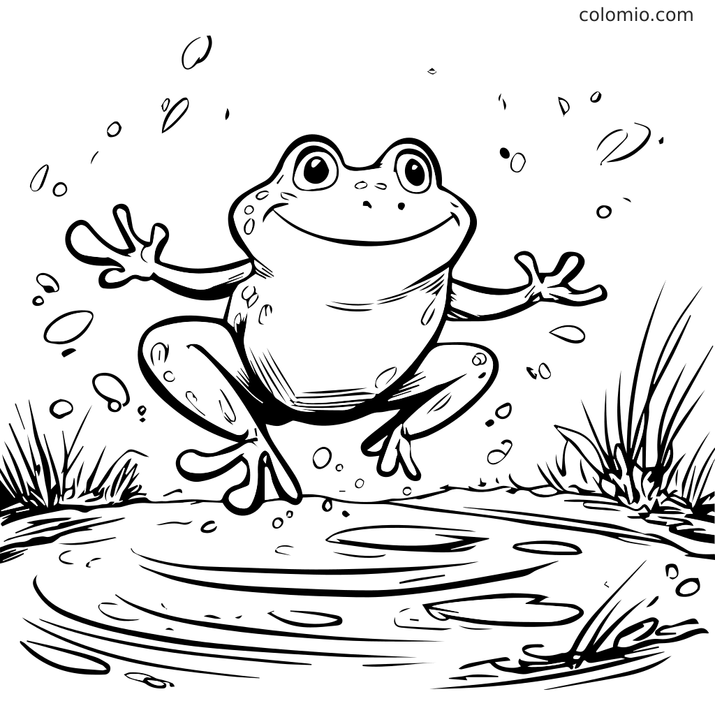 Ein fröhlicher Frosch springt voller Freude über einen Teich, umgeben von Spritzern und Gras.