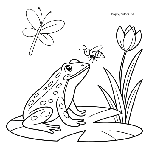 Ein gefleckter Frosch sitzt auf einem Seerosenblatt neben Blumen und schaut zu einer kleinen Fliege und einer Libelle.