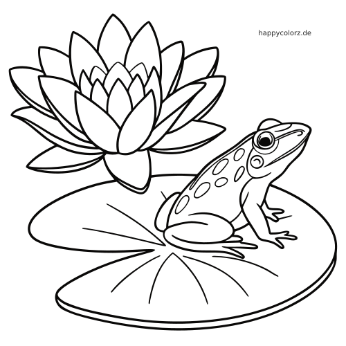 Ein gefleckter Frosch sitzt auf einem großen Seerosenblatt neben einer großen Lotusblüte in einer klaren Schwarz-Weiß-Zeichnung.