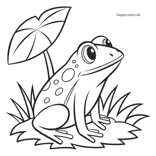 Ein Frosch mit großen Augen sitzt im Gras neben einem großen Blatt, gezeichnet als einfache schwarze Umrisszeichnung.