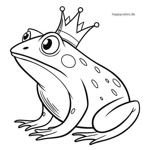 Ein gekrönter Froschkönig in schräger Vorderansicht mit großen Augen, Flecken auf dem Rücken und klaren, kräftigen Linien.