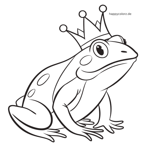 Ein Froschkönig mit Krone in Seitenansicht, mit großen Augen, Flecken auf dem Rücken und klaren, dicken Umrissen.