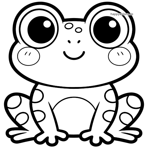 Ein frontaler Kawaii-Frosch mit sehr großen runden Augen, lächelndem Gesicht, runden Wangen und einfachen dicken Umrisslinien.