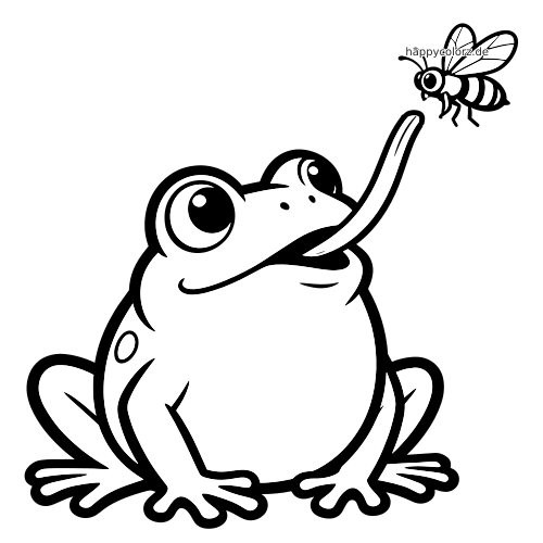 Ein Frosch in Nahaufnahme schaut nach vorn und streckt seine lange Zunge zu einer Fliege vor seinem Maul aus.
