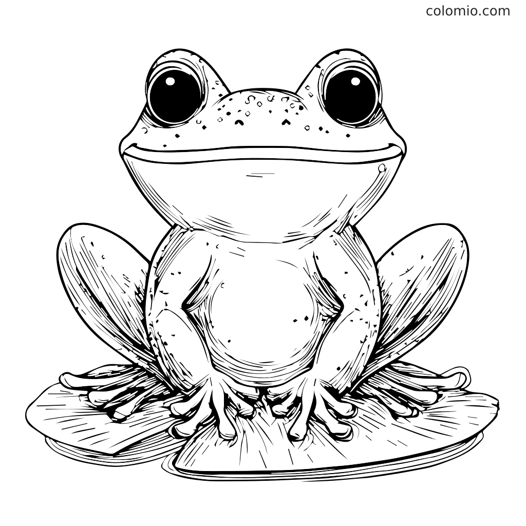Eine detaillierte Linienzeichnung eines Frosches auf einer Seerose, perfekt zum Ausmalen.